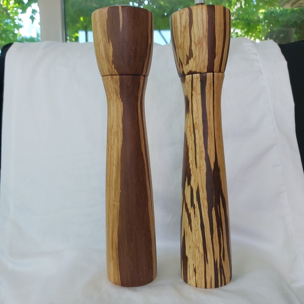 MCM Tiger Wood Salt Shaker & Pepper Grinder MCM 11 3/4" Tall EUC Solid